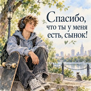 Открытка «Спасибо, что ты у меня есть, сынок!» с подростком и скейтом