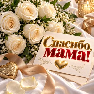 Открытка «Спасибо, мама!» маме с белыми розами и письмом