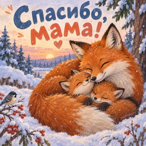 Открытка «Спасибо, мама!» с лисой и лисятами