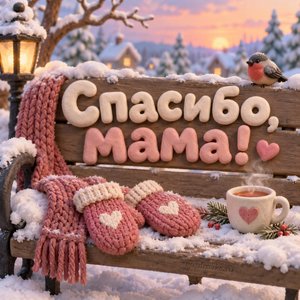 Открытка «Спасибо, мама!» с варежками и чаем