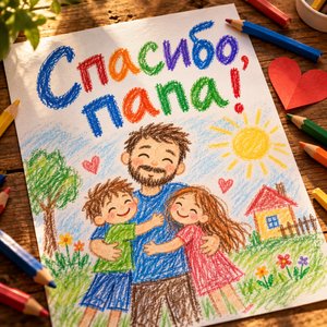 Открытка «Спасибо, папа!» с детским рисунком