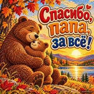 Открытка «Спасибо, папа, за всё!» с медведем и медвежонком при золотом солнечном свете