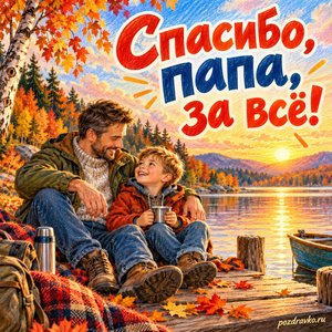 Открытка «Спасибо, папа, за всё!» с папой и сыном у озера на фоне мягких осенних облаков
