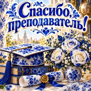 Открытка «Спасибо, преподаватель!» с шапочкой и дипломом