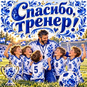 Открытка «Спасибо, тренер!» с командой на поле