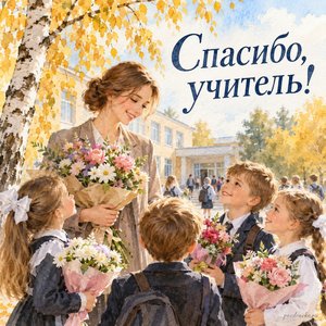 Открытка «Спасибо, учитель!» со школьным двором осенью