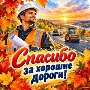 Открытка «Спасибо за хорошие дороги!» с дорожным инженером и каской в рамке из кленовых листьев