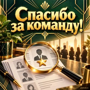 Открытка «Спасибо за команду!» с резюме и лупой