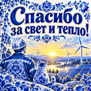 Открытка «Спасибо за свет и тепло!» с ветряками и солнцем
