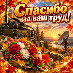 Открытка «Спасибо за ваш труд!» с букетом и символом радиоволн в рамке из кленовых листьев