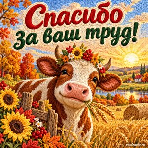 Открытка «Спасибо за ваш труд!» с коровкой на осеннем лугу при золотом солнечном свете