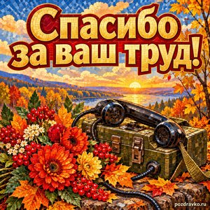 Открытка «Спасибо за ваш труд!» с полевым телефоном и цветами на фоне мягких осенних облаков