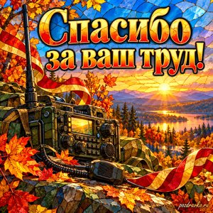 Открытка «Спасибо за ваш труд!» с рацией и праздничными лентами при золотом солнечном свете