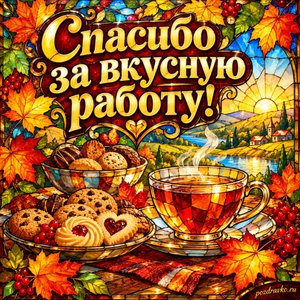 Открытка «Спасибо за вкусную работу!» с чашкой чая и печеньем в рамке из кленовых листьев