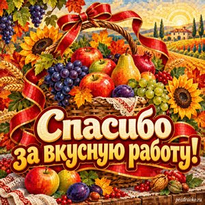 Открытка «Спасибо за вкусную работу!» с корзиной фруктов с нарядными праздничными лентами