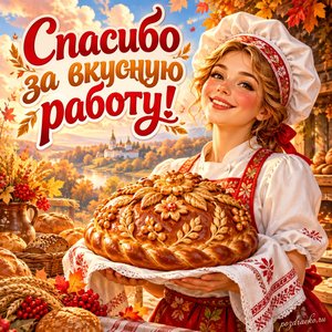 Открытка «Спасибо за вкусную работу!» с работницей пекарни и караваем на фоне мягких осенних облаков