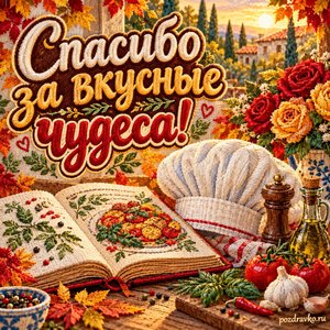 Открытка «Спасибо за вкусные чудеса!» с кулинарной книгой и розами при золотом солнечном свете