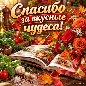 Открытка «Спасибо за вкусные чудеса!» с кулинарной книгой и розами с нарядными праздничными лентами