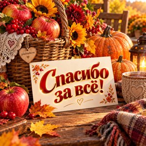 Открытка «Спасибо за всё!» с корзиной урожая