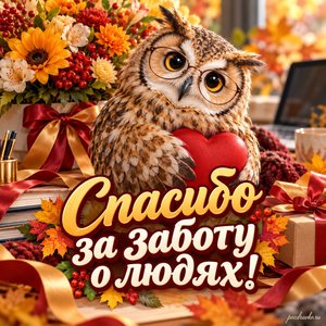 Открытка «Спасибо за заботу о людях!» с доброй совой в очках с нарядными праздничными лентами