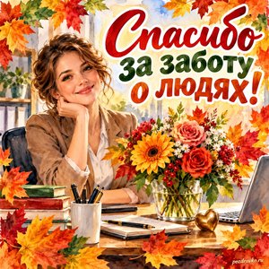 Открытка «Спасибо за заботу о людях!» с сотрудницей и букетом на столе в рамке из кленовых листьев