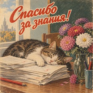 Открытка «Спасибо за знания!» с котом на тетрадях