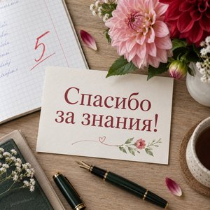 Открытка «Спасибо за знания!» с пятёркой в тетради