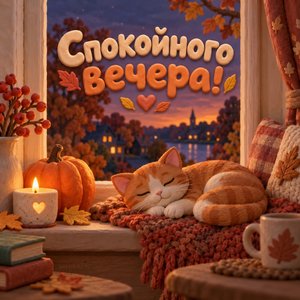 Открытка «Спокойного вечера!» с котом и тыквой