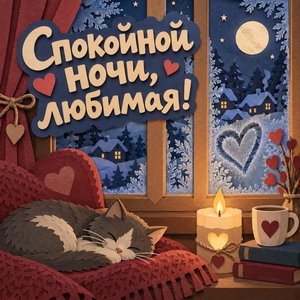 Открытка «Спокойной ночи, любимая!» с сердцем на морозном стекле