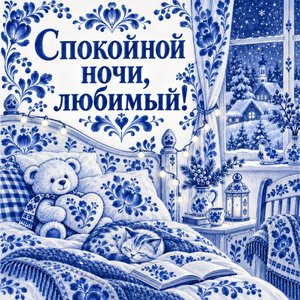 Открытка «Спокойной ночи, любимый!» с мишкой и гирляндой
