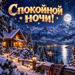 Открытка «Спокойной ночи!» с горами под звёздами