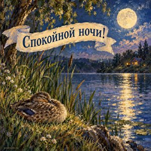 Открытка «Спокойной ночи!» с луной над озером