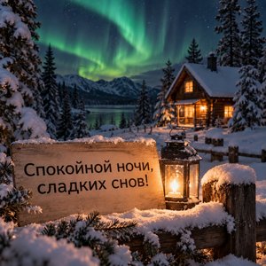 Открытка «Спокойной ночи, сладких снов!» с северным сиянием