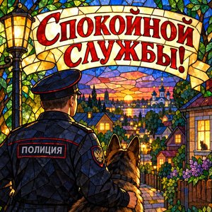 Открытка «Спокойной службы!» с дворами в сумерках