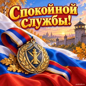 Открытка «Спокойной службы!» с медалью и флагом
