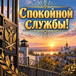 Открытка «Спокойной службы!» с рассветом над городом