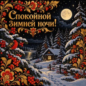 Открытка «Спокойной зимней ночи!» с лесом под луной