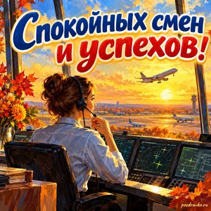Открытка «Спокойных смен и успехов!» с диспетчером за пультом при золотом солнечном свете