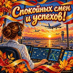 Открытка «Спокойных смен и успехов!» с диспетчером за пультом с нарядными праздничными лентами
