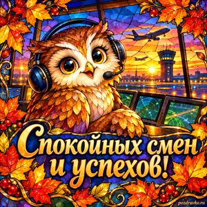 Открытка «Спокойных смен и успехов!» с доброй совой в гарнитуре в рамке из кленовых листьев