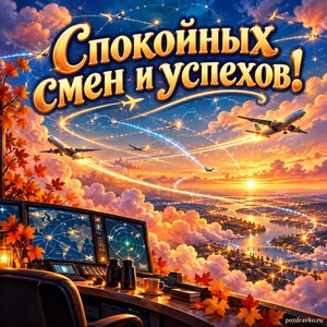 Открытка «Спокойных смен и успехов!» с небом и сияющими маршрутами на фоне мягких осенних облаков