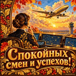 Открытка «Спокойных смен и успехов!» с самолётом над золотыми облаками на фоне мягких осенних облаков