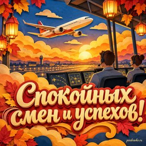 Открытка «Спокойных смен и успехов!» с самолётом над золотыми облаками в сиянии уютных фонариков