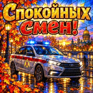 Открытка «Спокойных смен!» с патрульной машиной