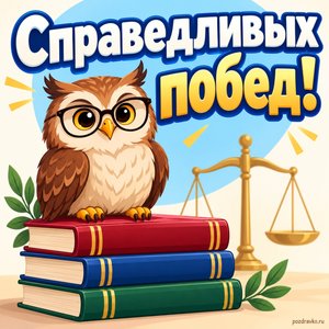 Открытка «Справедливых побед!» с совой на кодексах