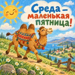 Открытка «Среда — маленькая пятница!» с верблюдом