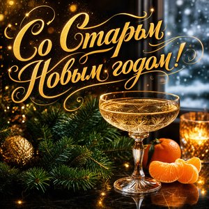 Открытка на Старый Новый год с бокалом шампанского и еловой веткой
