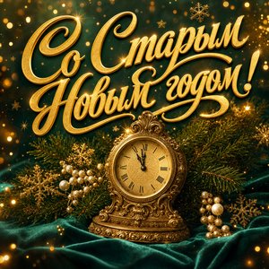 Открытка на Старый Новый год с антикварными часами