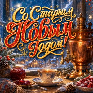 Открытка на Старый Новый год с самоваром у окна