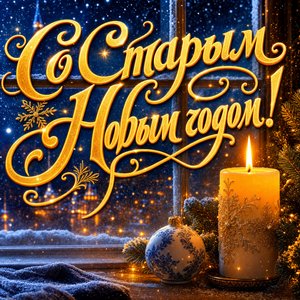Открытка на Старый Новый год со свечой у зимнего окна
